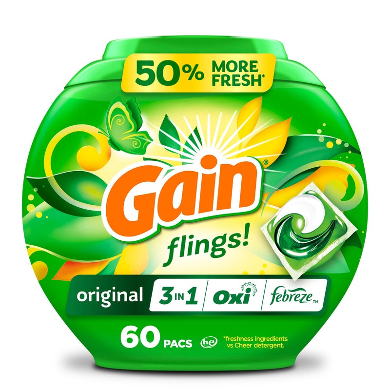 Gain flings Laundry Detergent Soap Pacs HE Compatible 60 ct Long Lasting Scent Original Scent